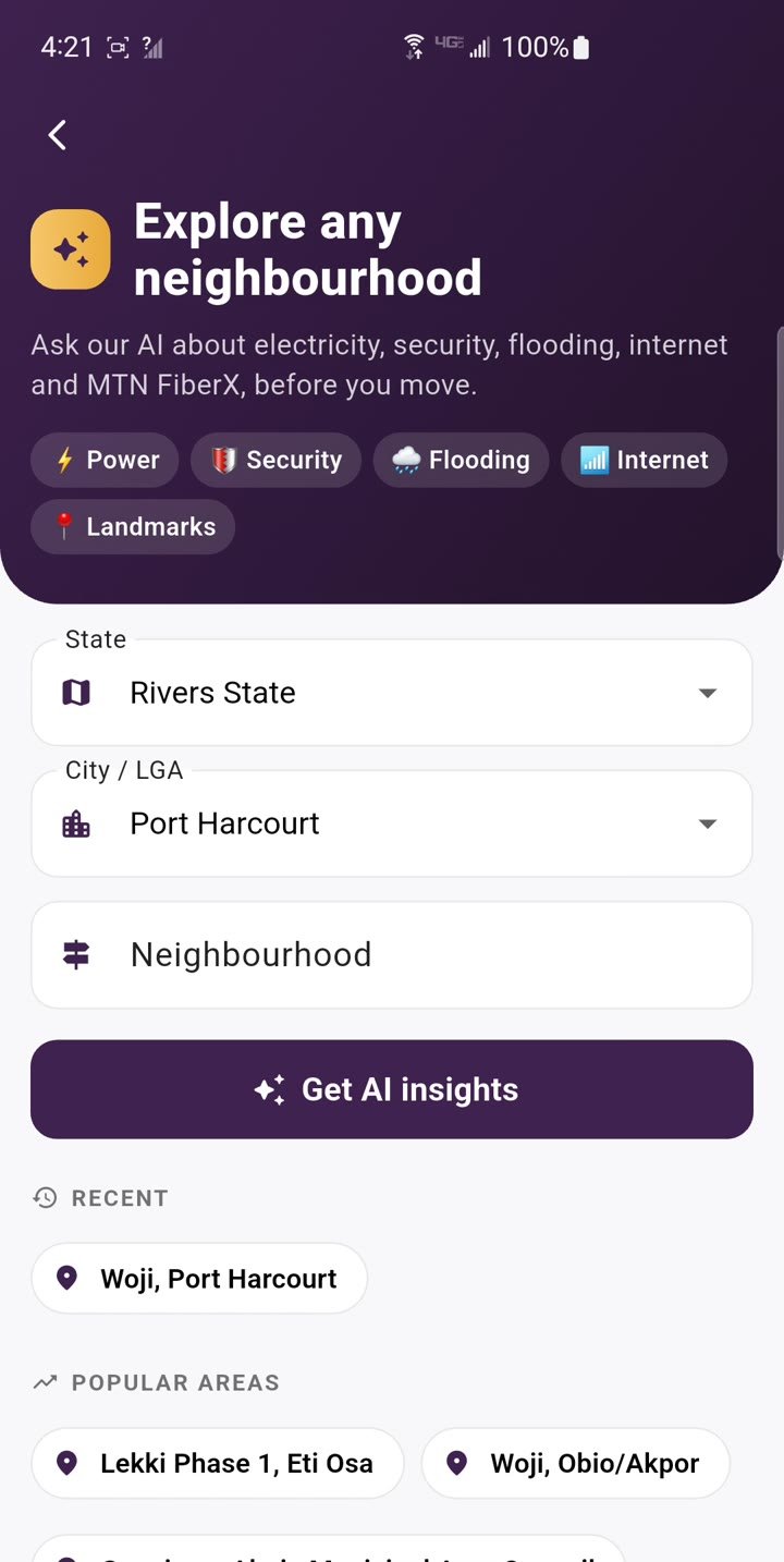 Zegicon Explore any neighbourhood screen with state, city and neighbourhood pickers