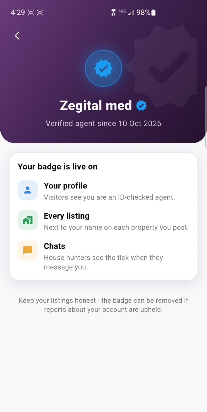 Verified agent screen: the badge is live on profile, every listing and chats